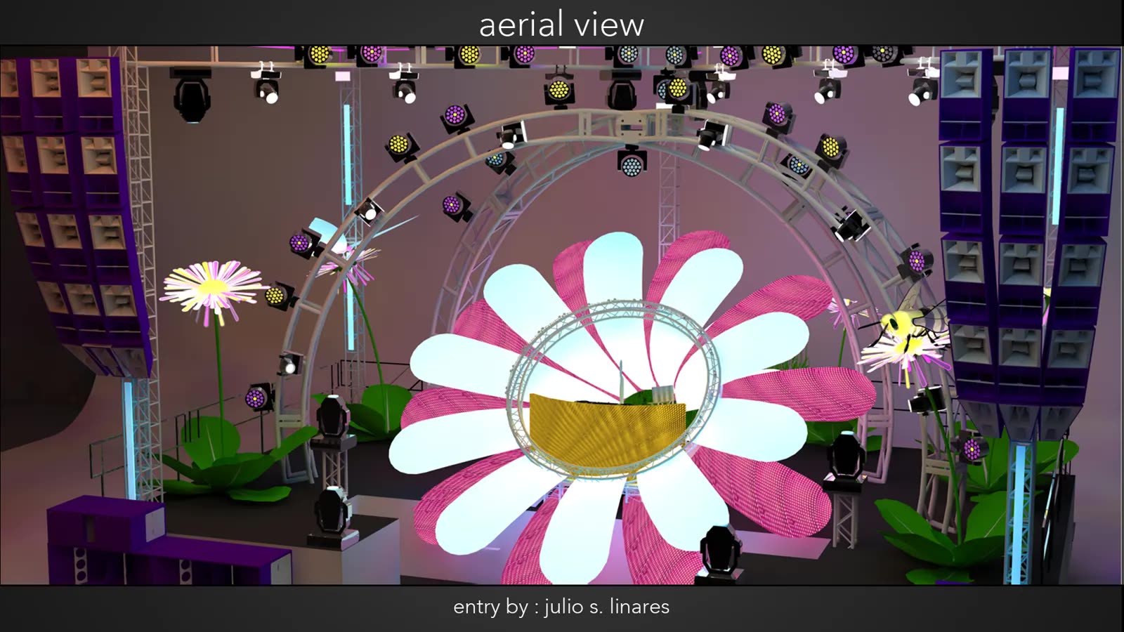 3D concept render, aerial view of a festival stage: a giant daisy of LED petals framing the DJ booth beneath arched lighting trusses and speaker arrays.