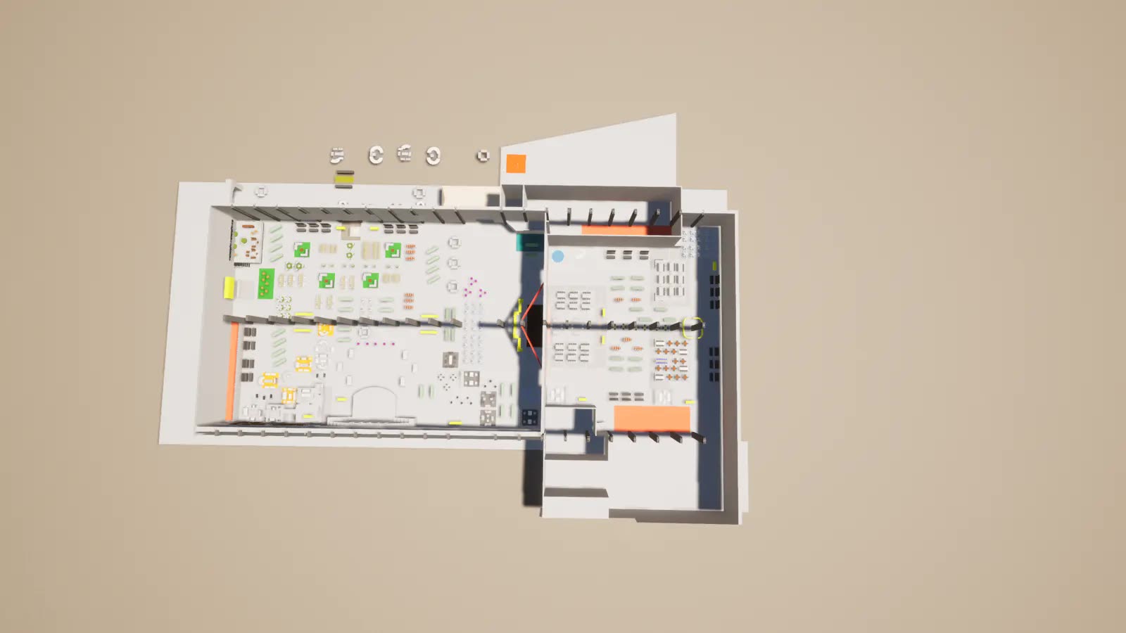 Overhead 3D visualization of the IPW Chicago venue: full floor-plan model with booth and fixture layout.